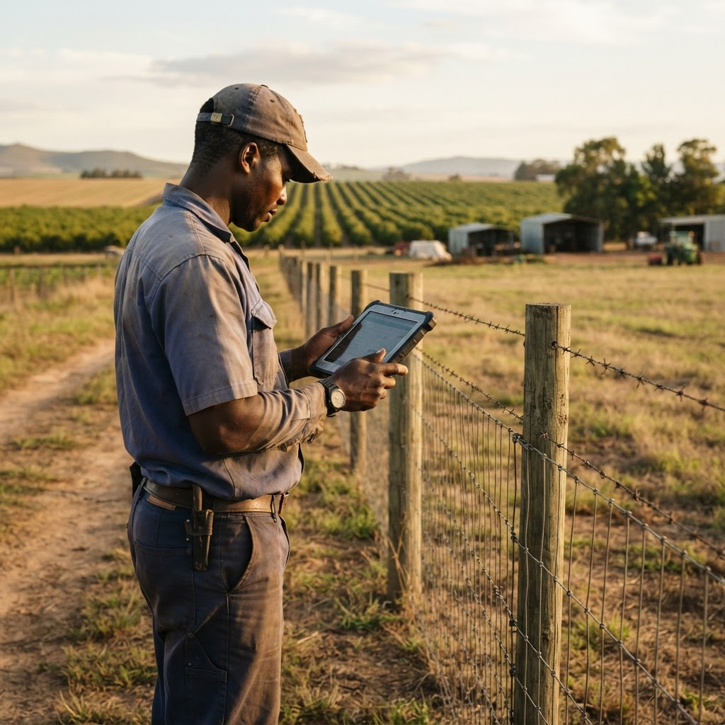Farm worker using a tablet in the field