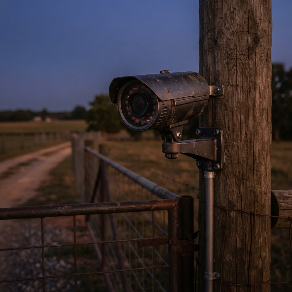 Perimeter security camera at a farm gate