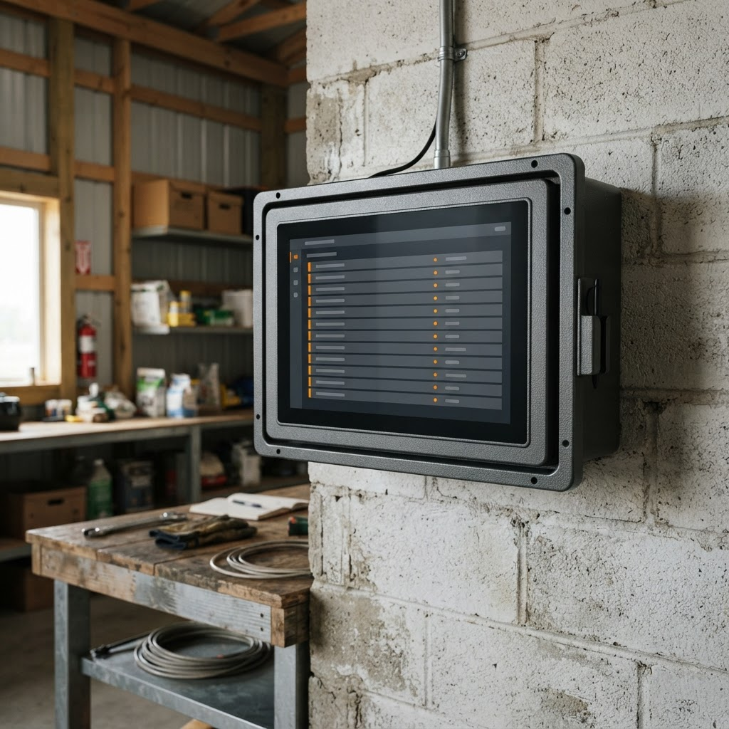 Wall-mounted touchscreen terminal in a farm setting